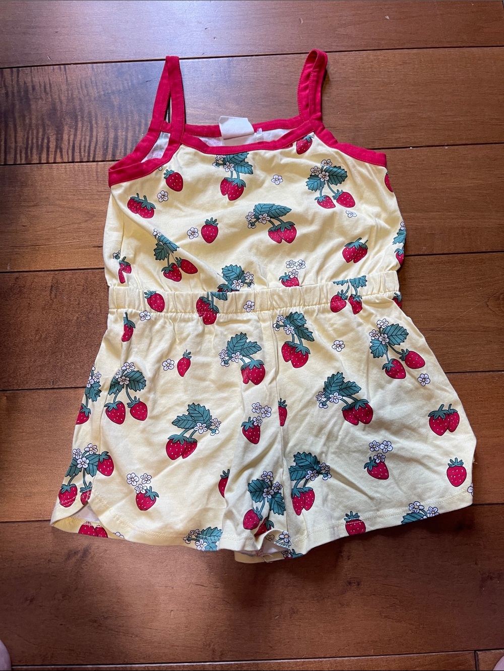 Girls' Yellow Strawberry Print Romper with Pink Trim